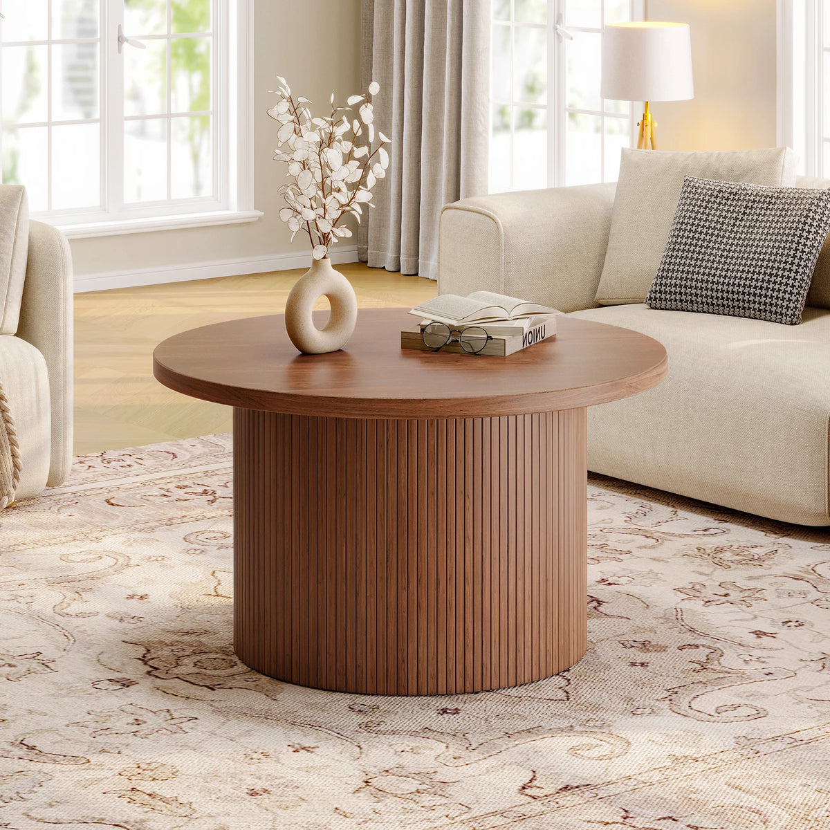 Mid Century Modern Tambour Wood Coffee Table With Drum Accent