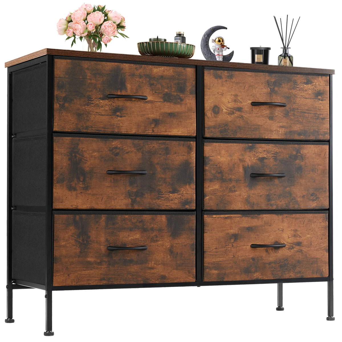 JHK Six Drawer Fabric Nightstand With Bedroom Storage Cabinet