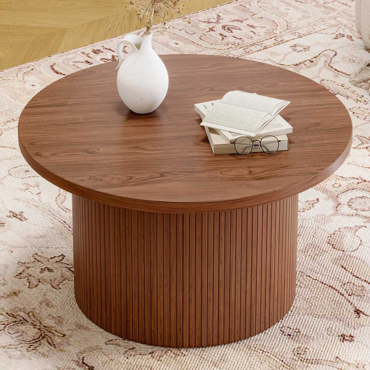 Mid Century Modern Tambour Wood Coffee Table With Drum Accent