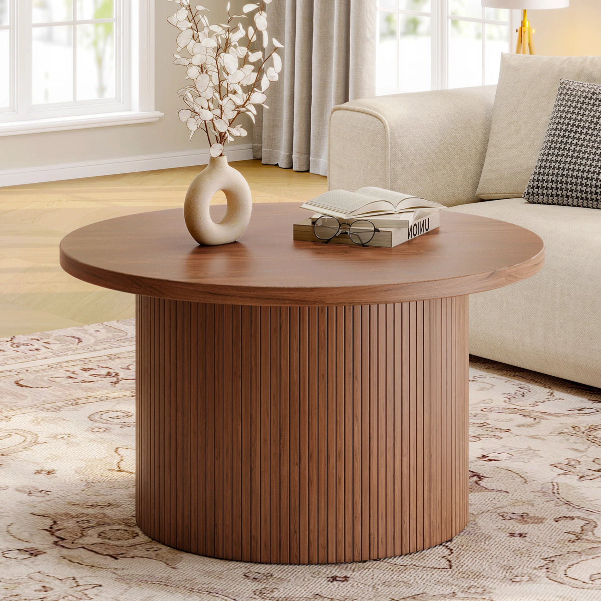 Mid Century Modern Tambour Wood Coffee Table With Drum Accent