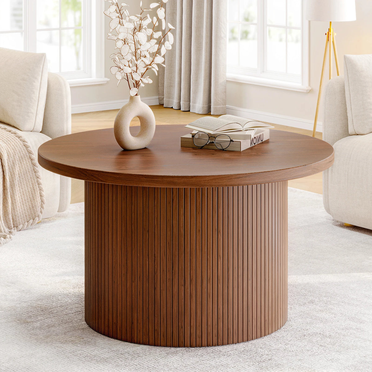 Mid Century Modern Tambour Wood Coffee Table With Drum Accent