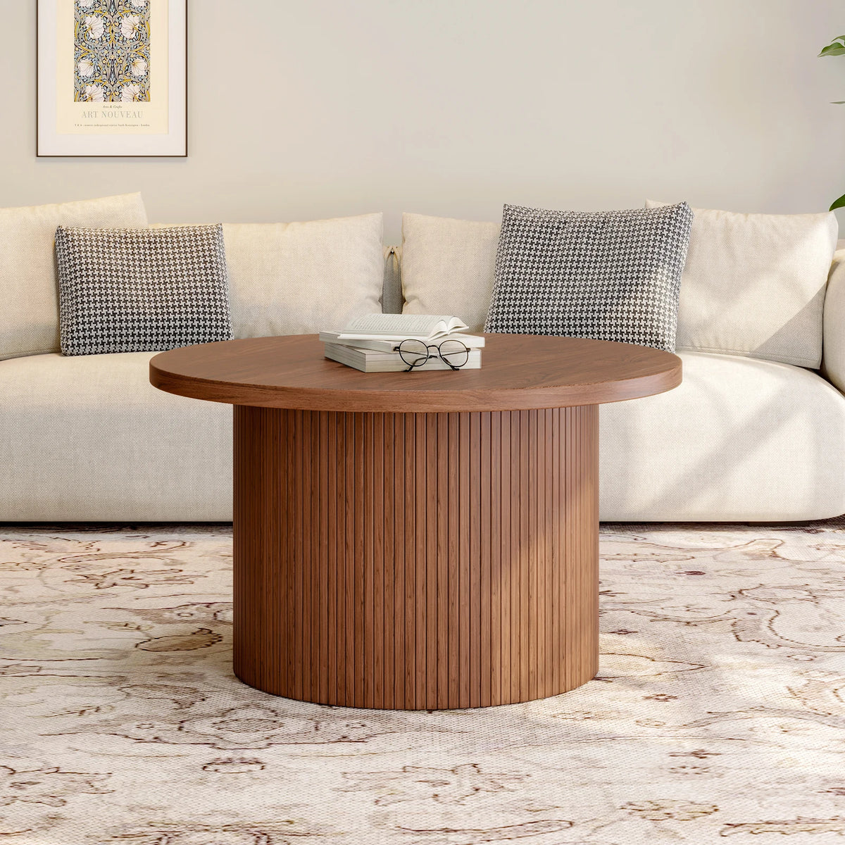 Mid Century Modern Tambour Wood Coffee Table With Drum Accent