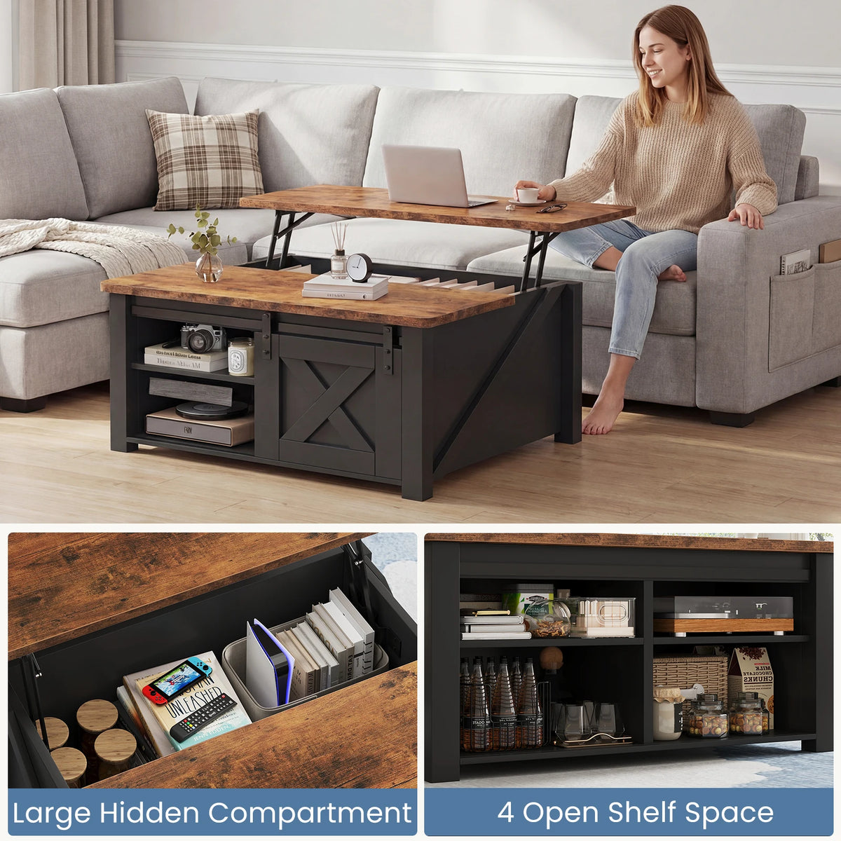 MCQ Wooden Lift Top Coffee Table With Adjustable Storage Shelf