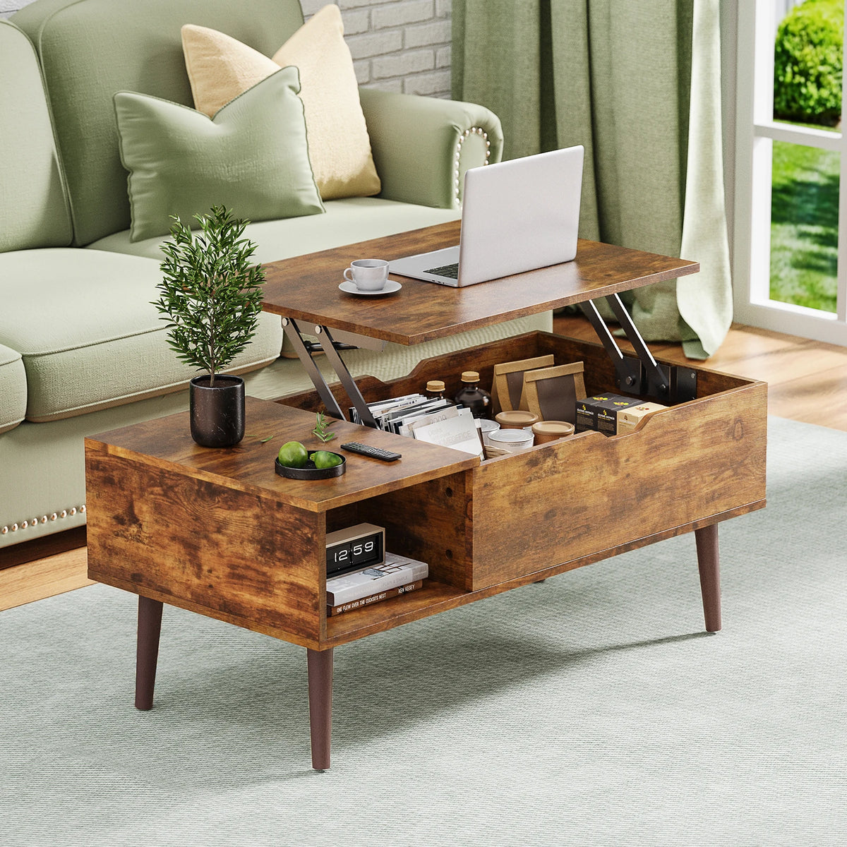 MCQ Wood Lift Top Coffee Table With Adjustable Storage Shelf