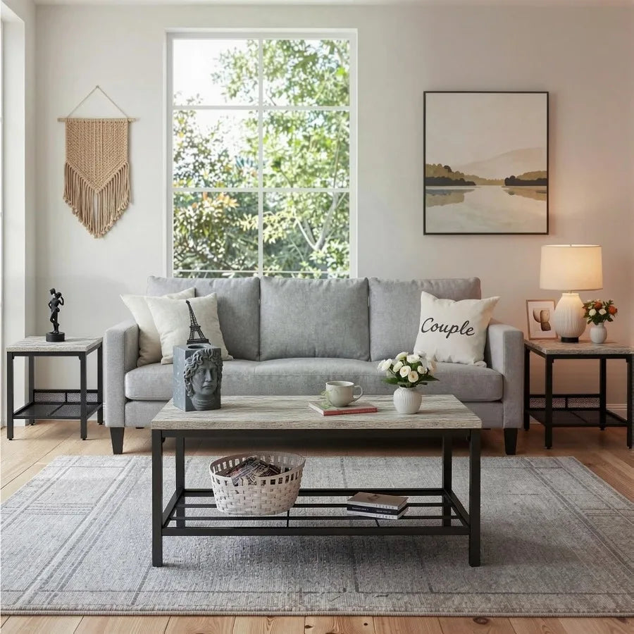 Industrial Coffee Table Set with Two Matching End Tables