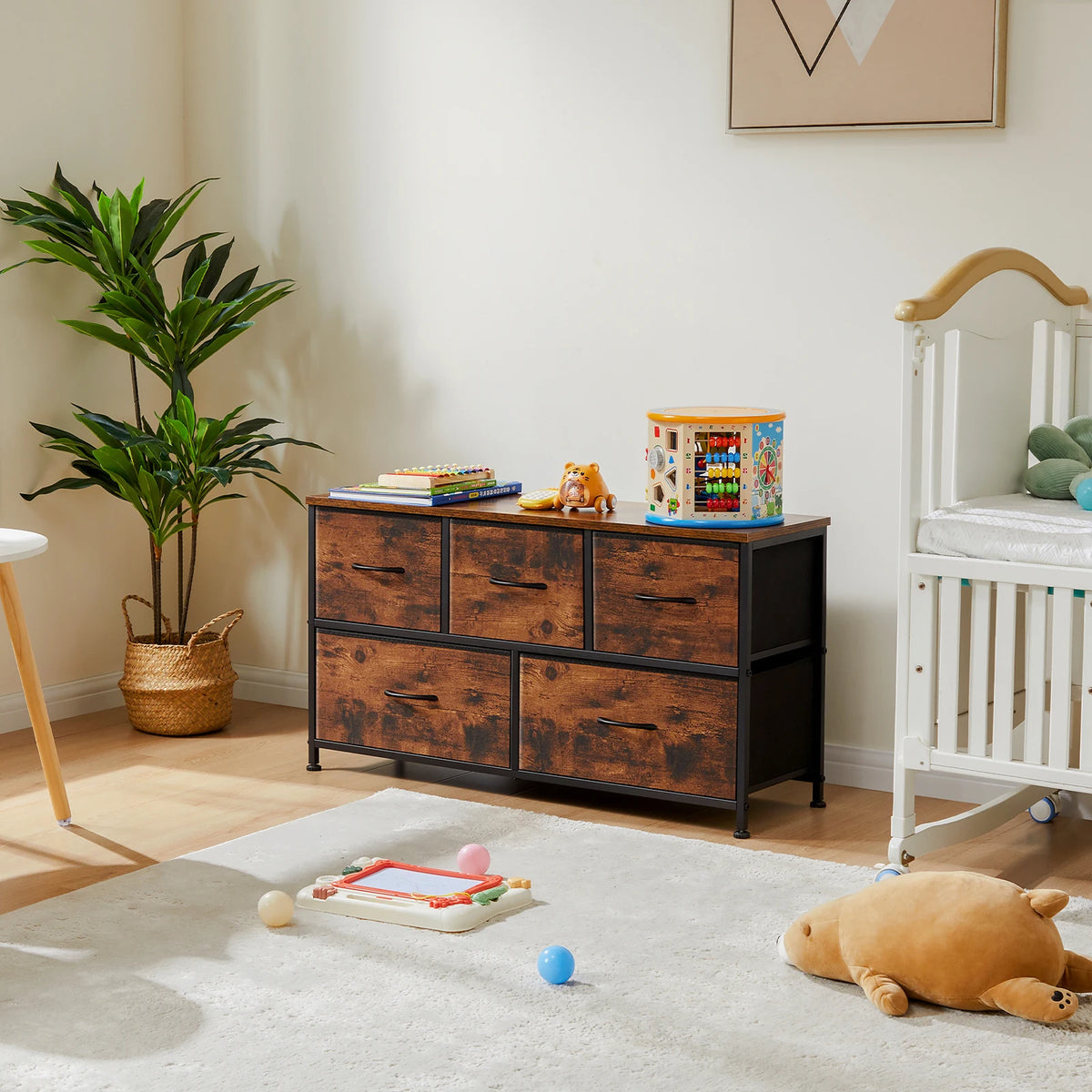 JHK Modern Living Room Cabinet With Five Fabric Storage Drawers