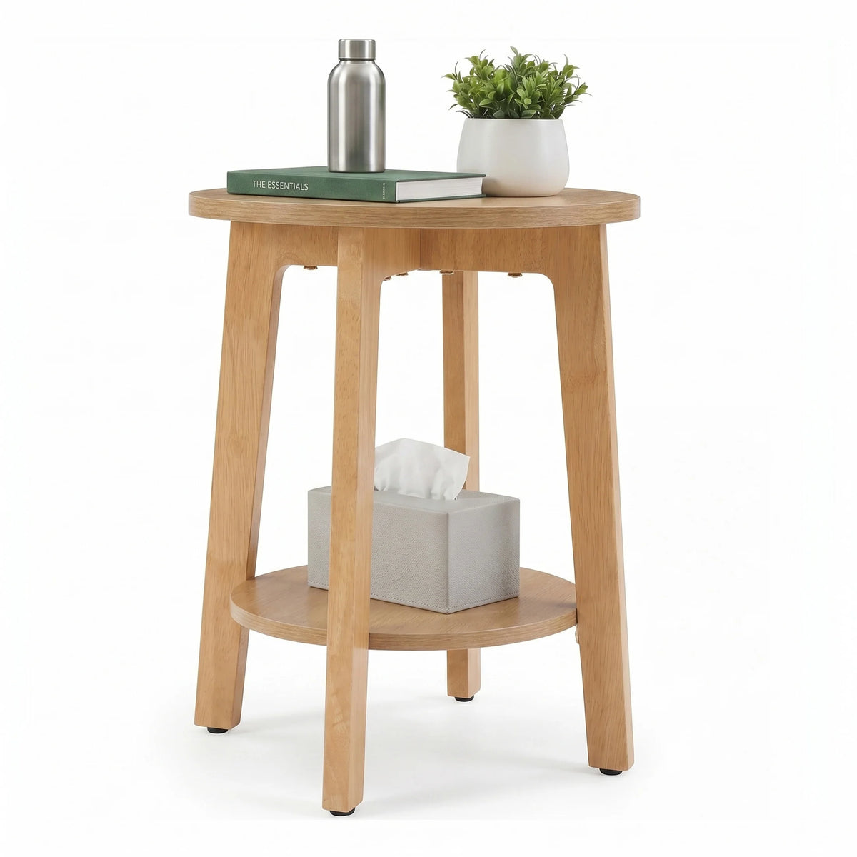 JHK Round Wood Side Table With Two Tier Storage Shelf