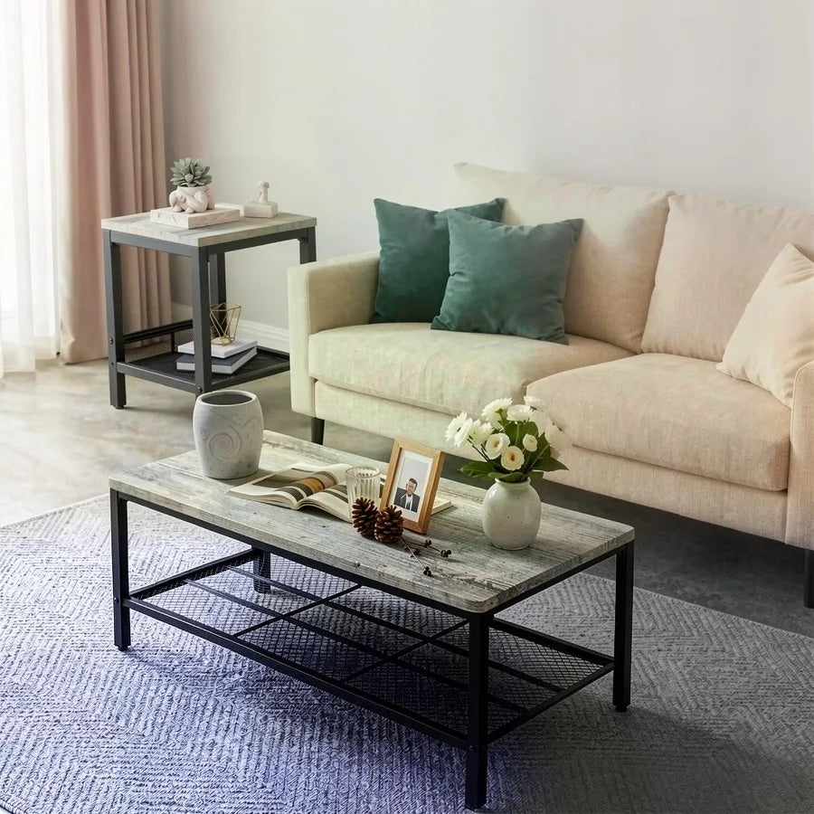 Industrial Bamboo Coffee Table Set with Two Matching End Tables