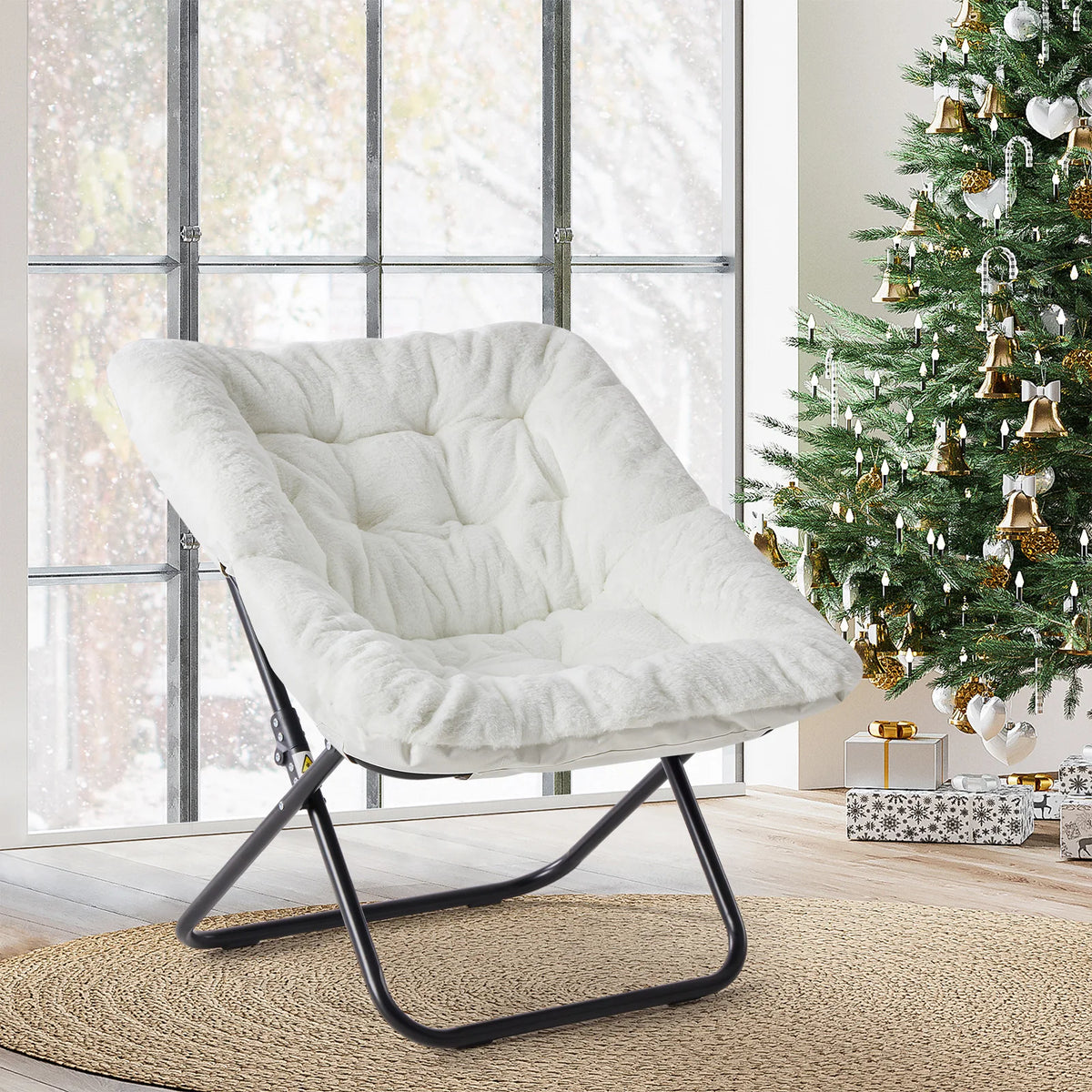 JHK Faux Fur Folding Saucer Chair With Padded Lounge Seat