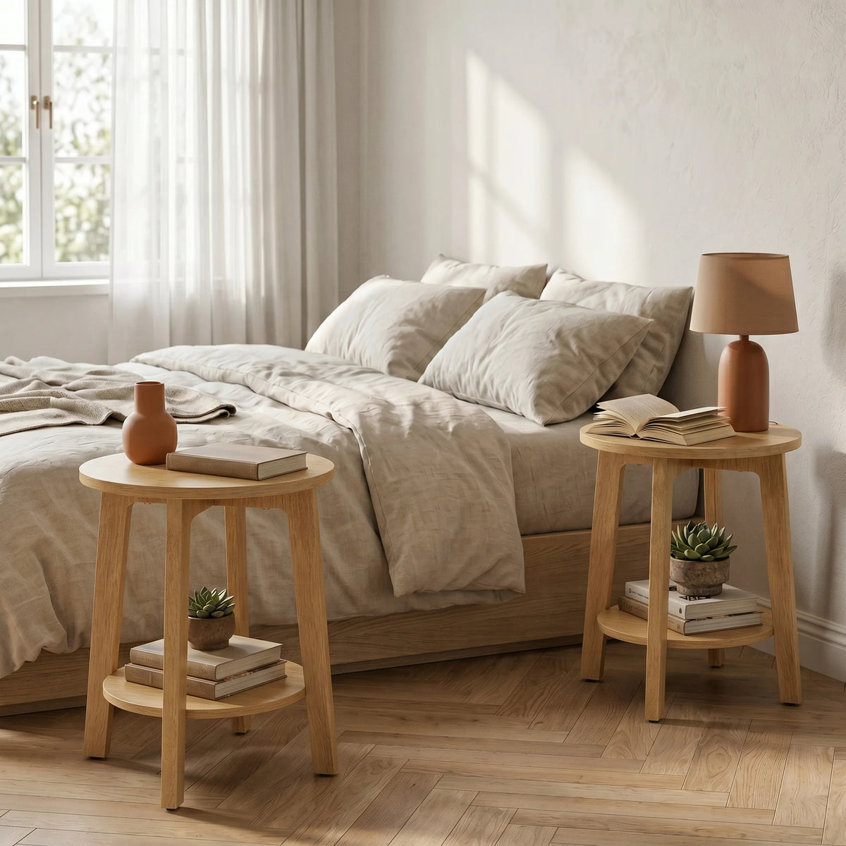 JHK Round Wood Side Table With Two Tier Storage Shelf