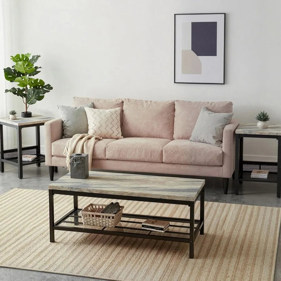 Industrial Bamboo Coffee Table Set with Two Matching End Tables