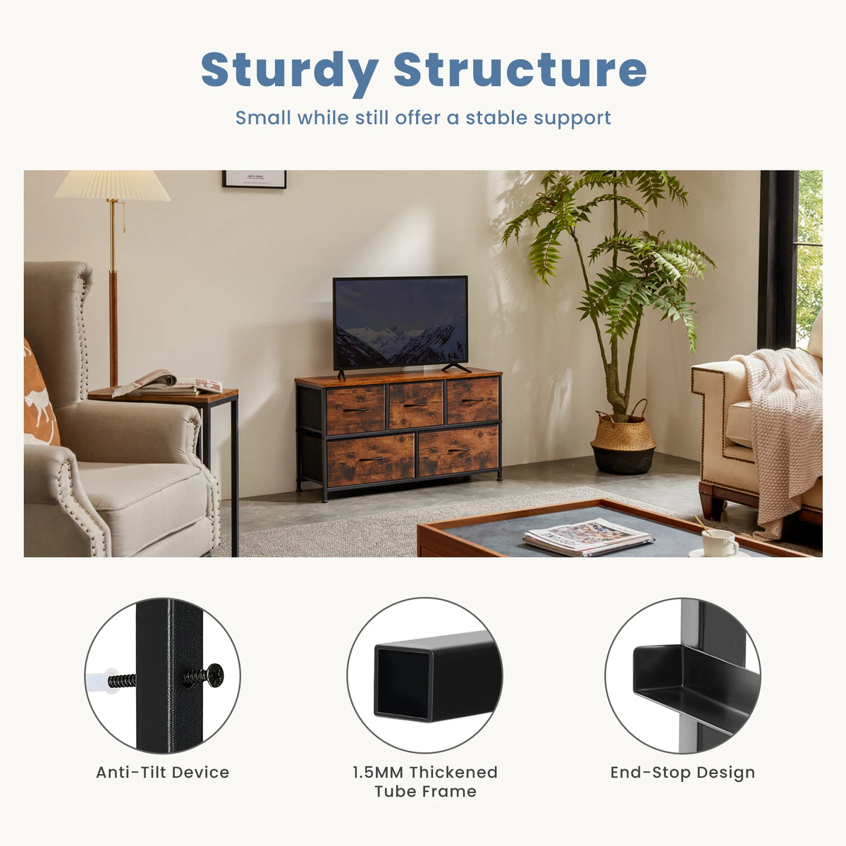 JHK Modern Living Room Cabinet With Five Fabric Storage Drawers