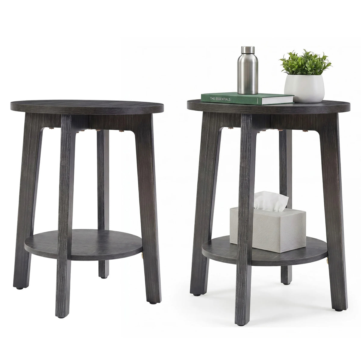 JHK Round Wood Side Table With Two Tier Storage Shelf