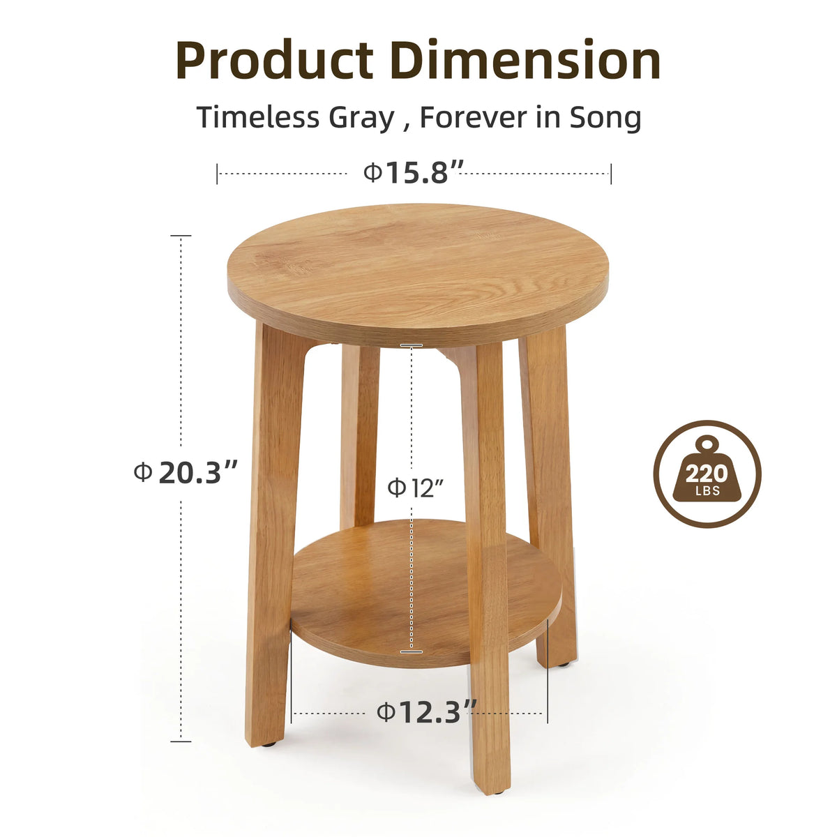 JHK Round Wood Side Table With Two Tier Storage Shelf