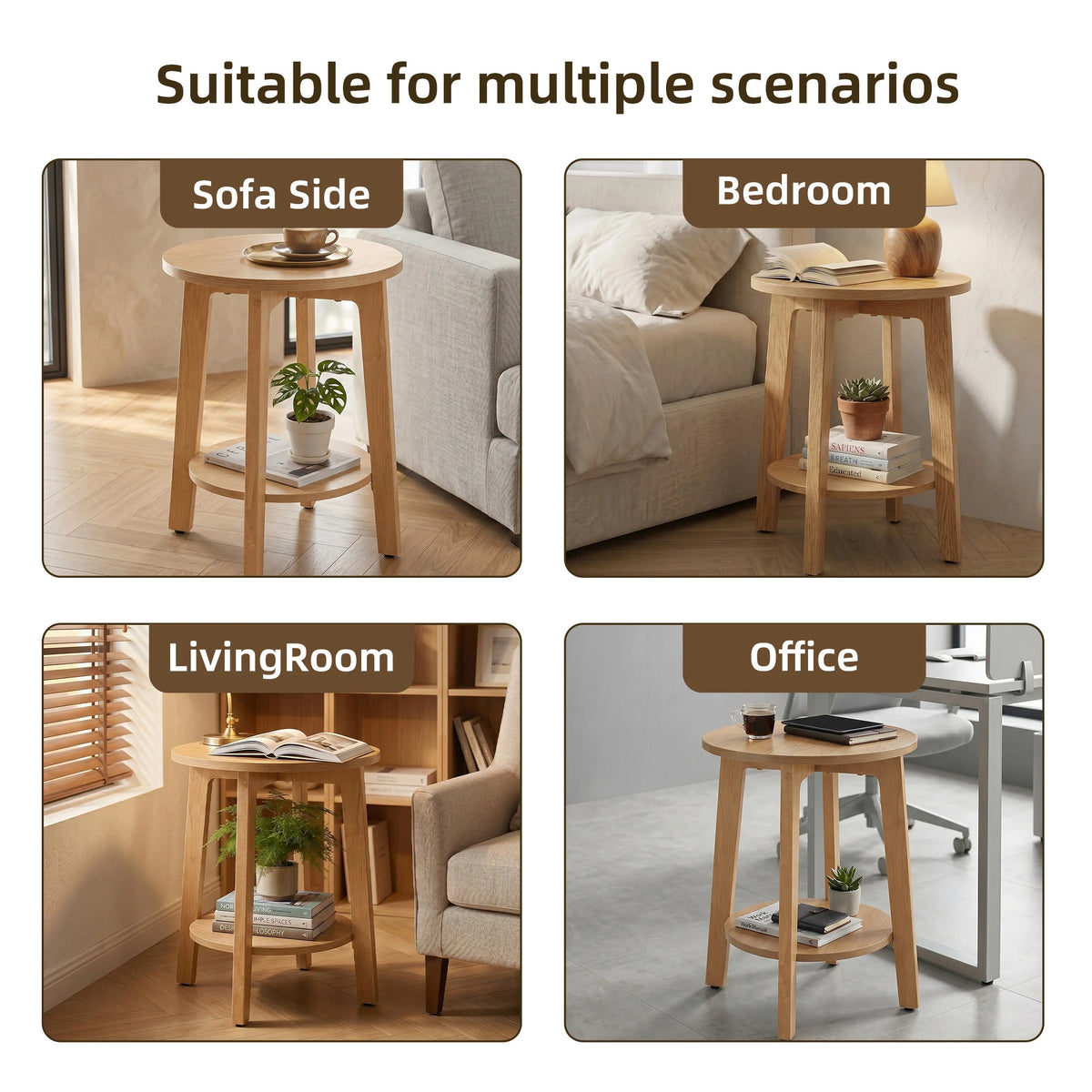 JHK Round Wood Side Table With Two Tier Storage Shelf