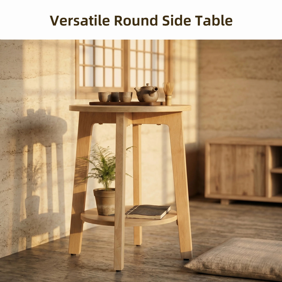 JHK Round Wood Side Table With Two Tier Storage Shelf