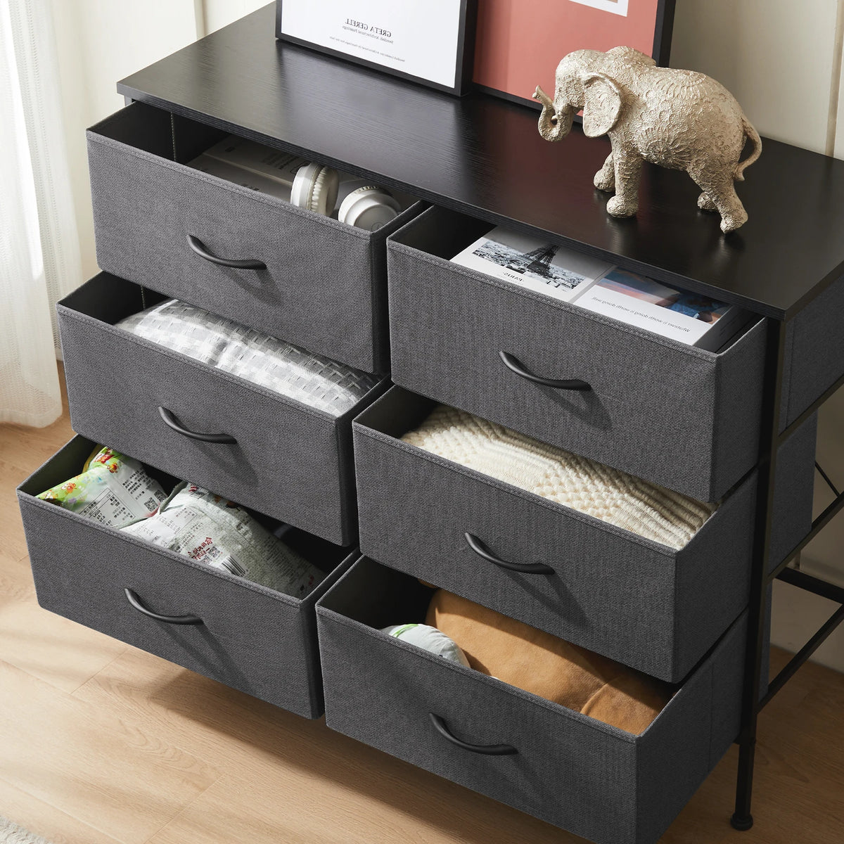 JHK Six Drawer Fabric Nightstand With Bedroom Storage Cabinet