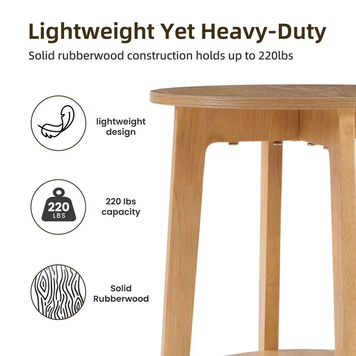 JHK Round Wood Side Table With Two Tier Storage Shelf
