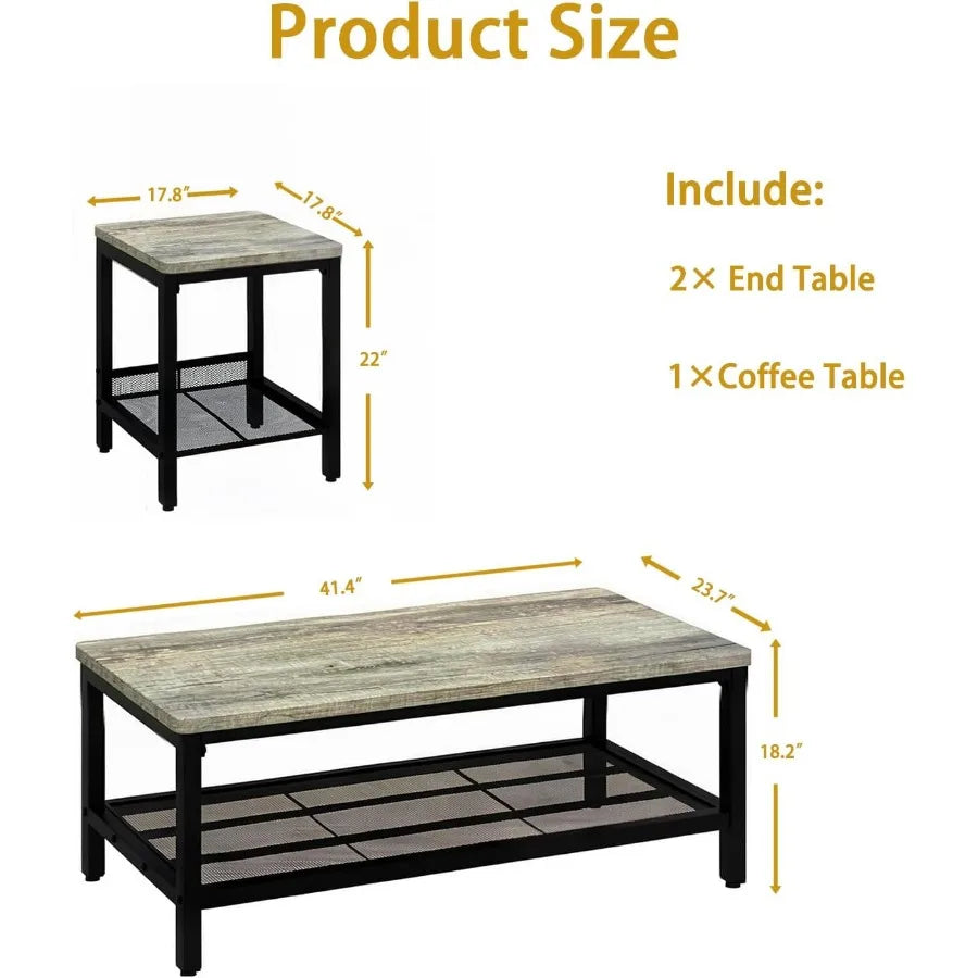 Industrial Bamboo Coffee Table Set with Two Matching End Tables