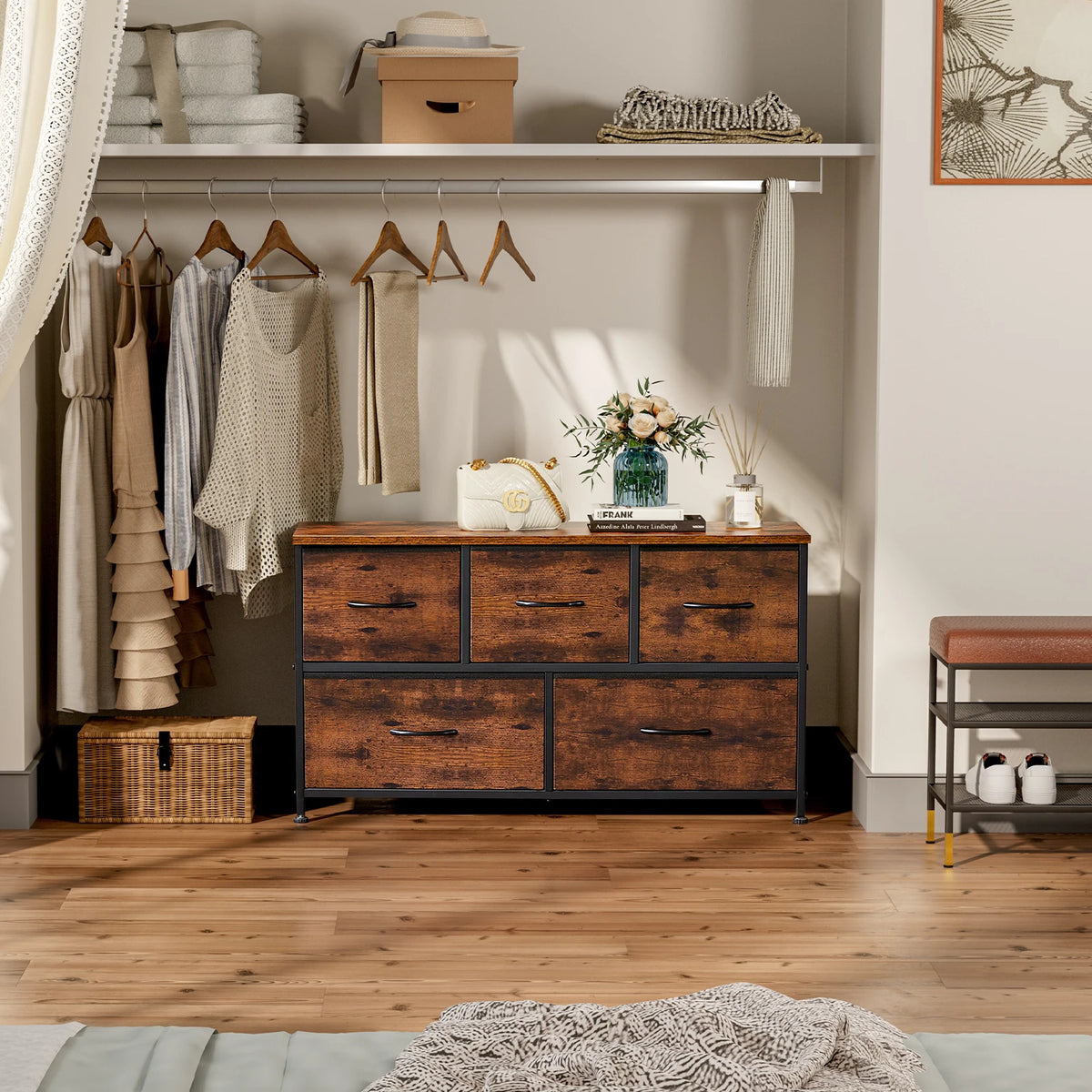 JHK Modern Living Room Cabinet With Five Fabric Storage Drawers