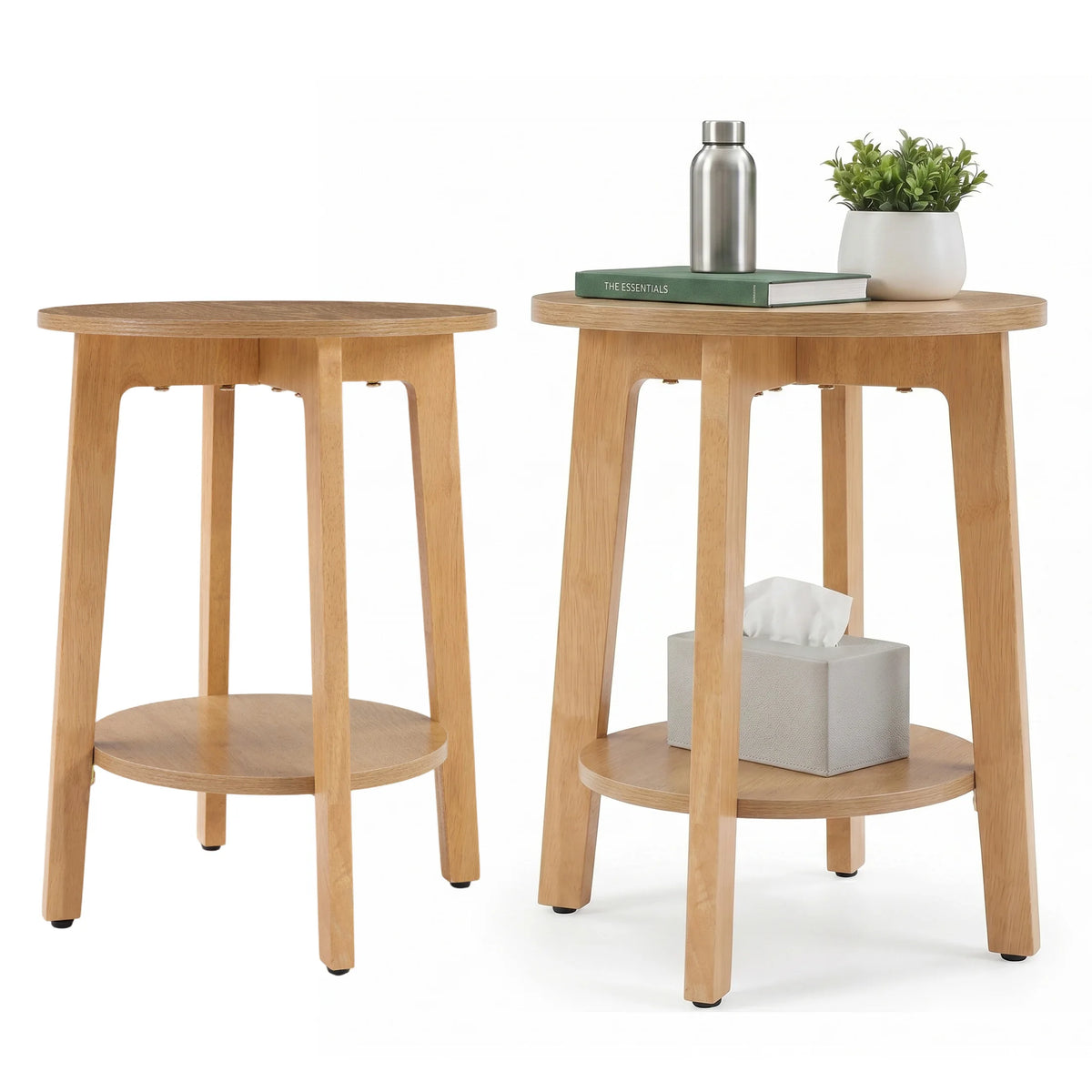 JHK Round Wood Side Table With Two Tier Storage Shelf