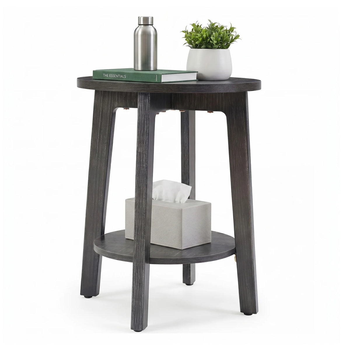 JHK Round Wood Side Table With Two Tier Storage Shelf
