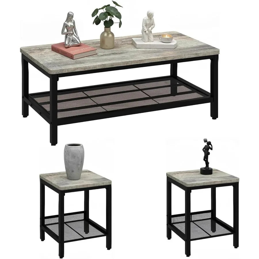 Industrial Bamboo Coffee Table Set with Two Matching End Tables