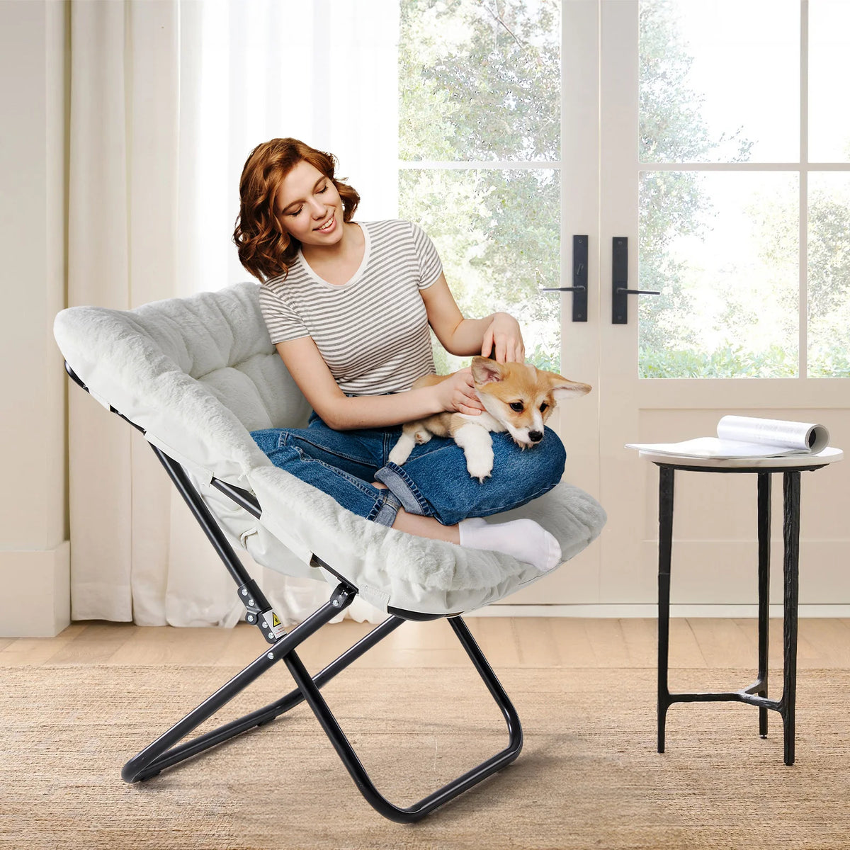 JHK Faux Fur Folding Saucer Lounge Chair With Metal Frame
