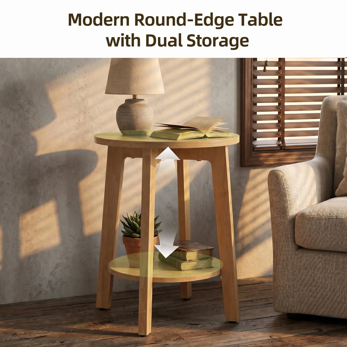JHK Round Wood Side Table With Two Tier Storage Shelf