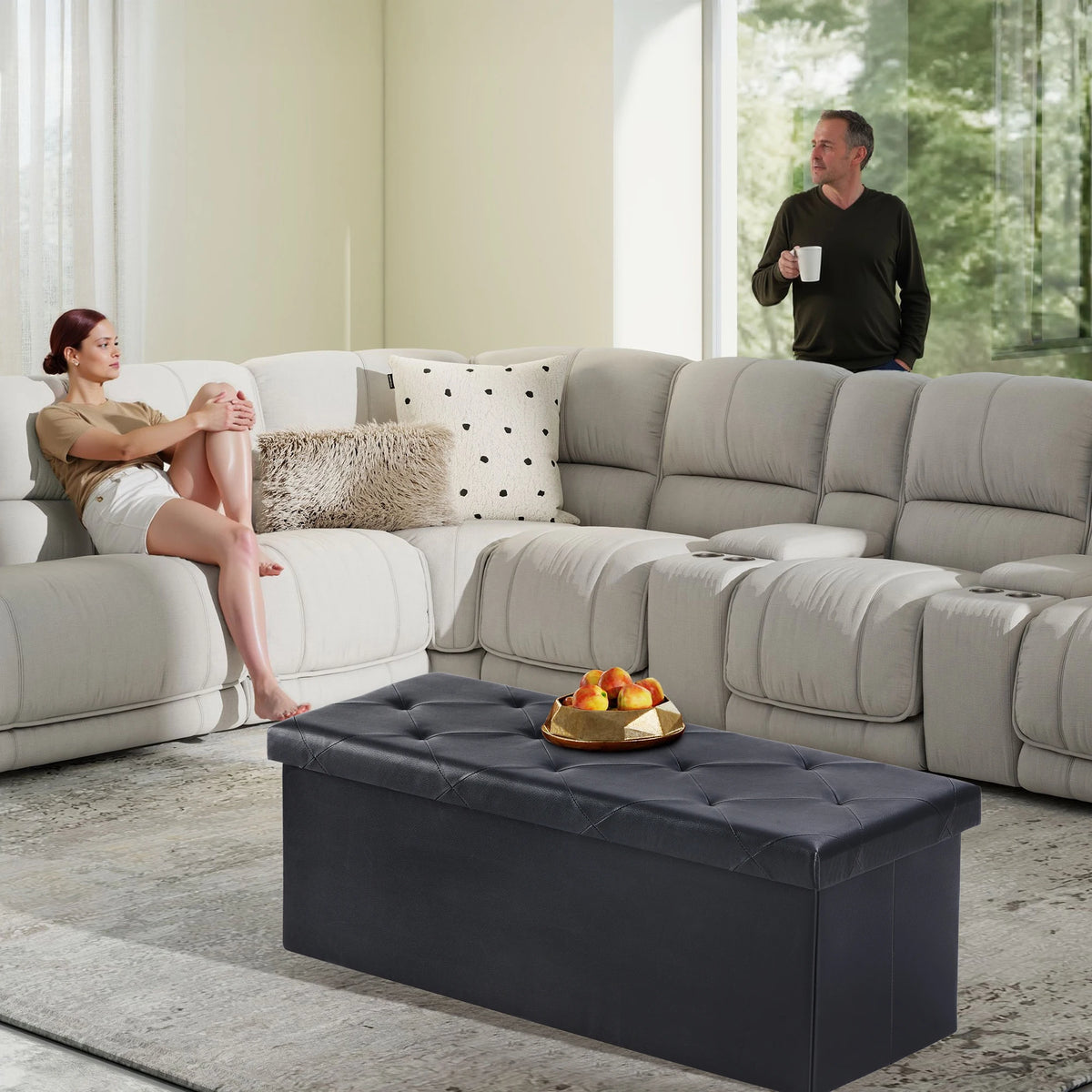 JHK Leather Storage Ottoman Bench With Hidden Toy Box Footrest