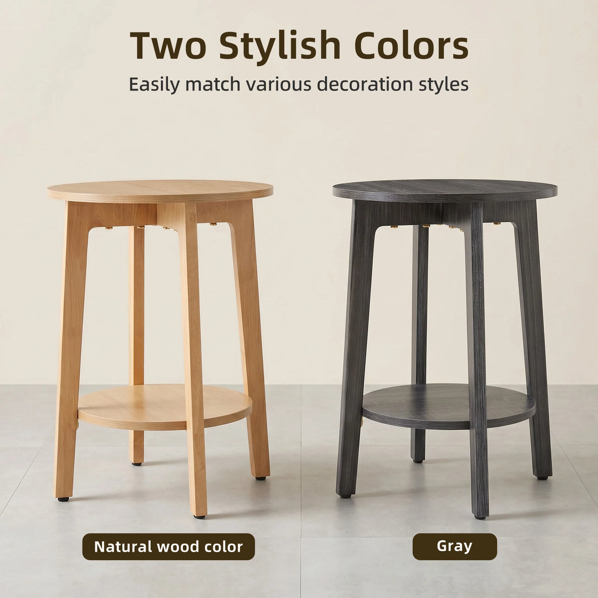 JHK Round Wood Side Table With Two Tier Storage Shelf