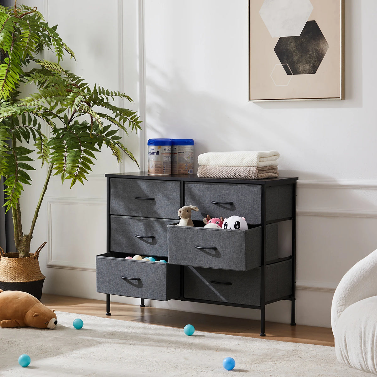 JHK Six Drawer Fabric Nightstand Bedside Table With Storage