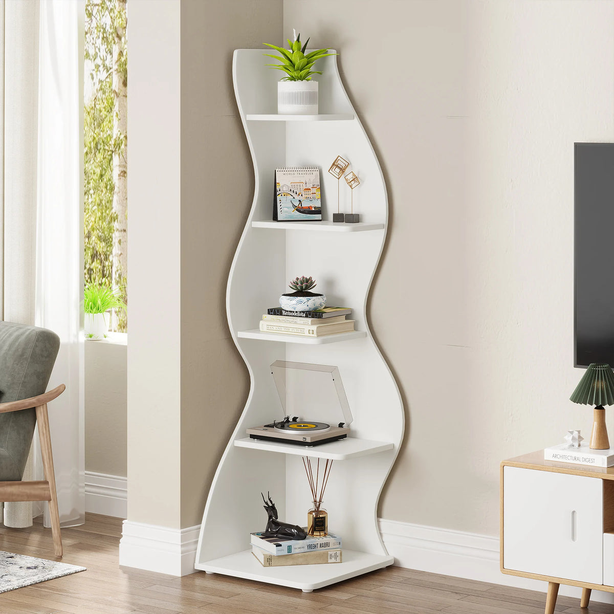 Tribesigns Modern Corner Bookshelf Wall Storage Rack And Plant Stand