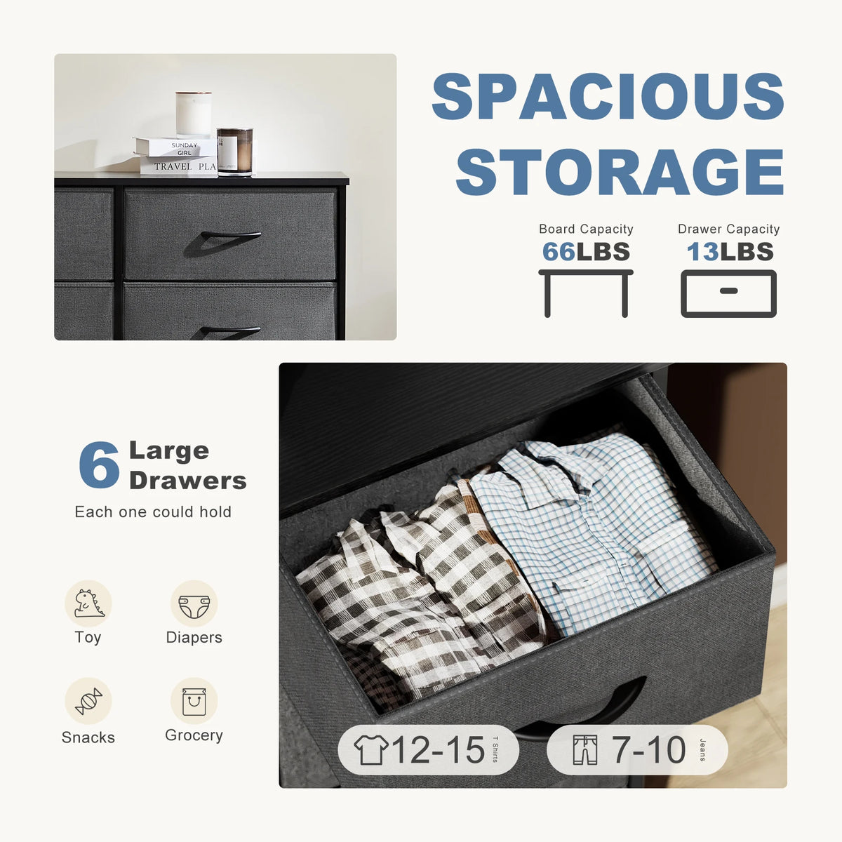 JHK Six Drawer Fabric Nightstand Bedside Table With Storage