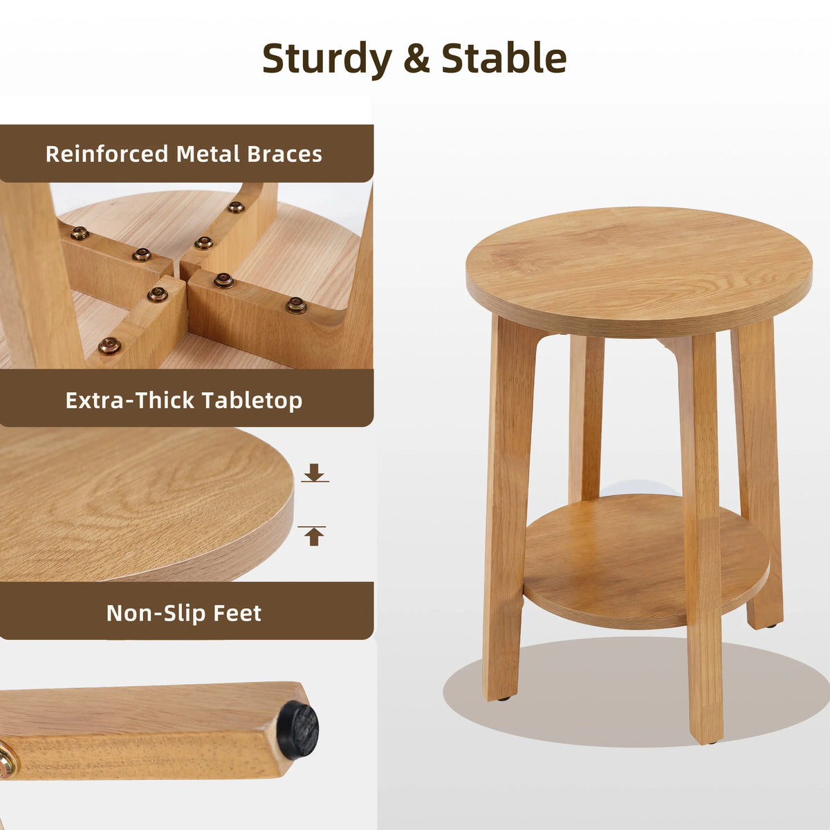 JHK Round Wood Side Table With Two Tier Storage Shelf