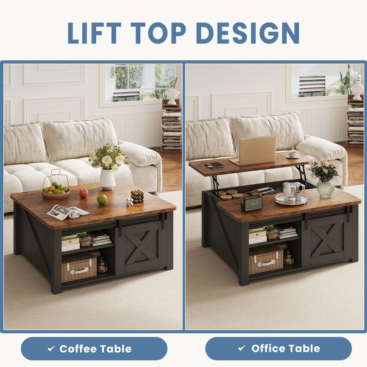 MCQ Wooden Lift Top Coffee Table With Adjustable Storage Shelf