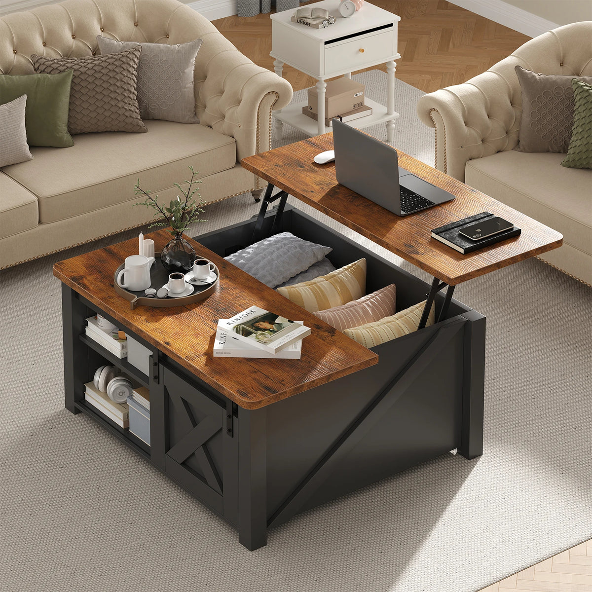 MCQ Wooden Lift Top Coffee Table With Adjustable Storage Shelf