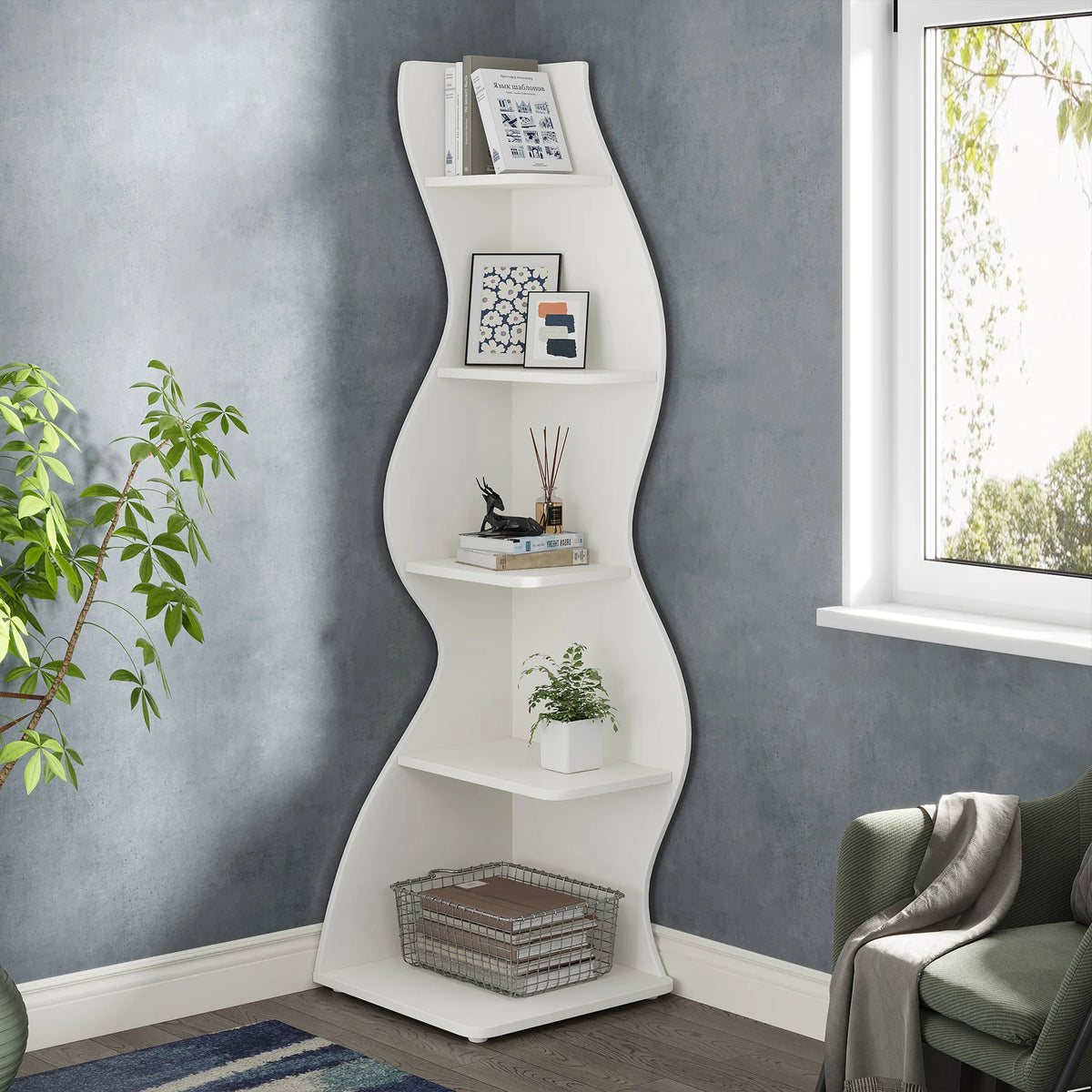 Tribesigns Modern Corner Bookshelf Wall Storage Rack And Plant Stand