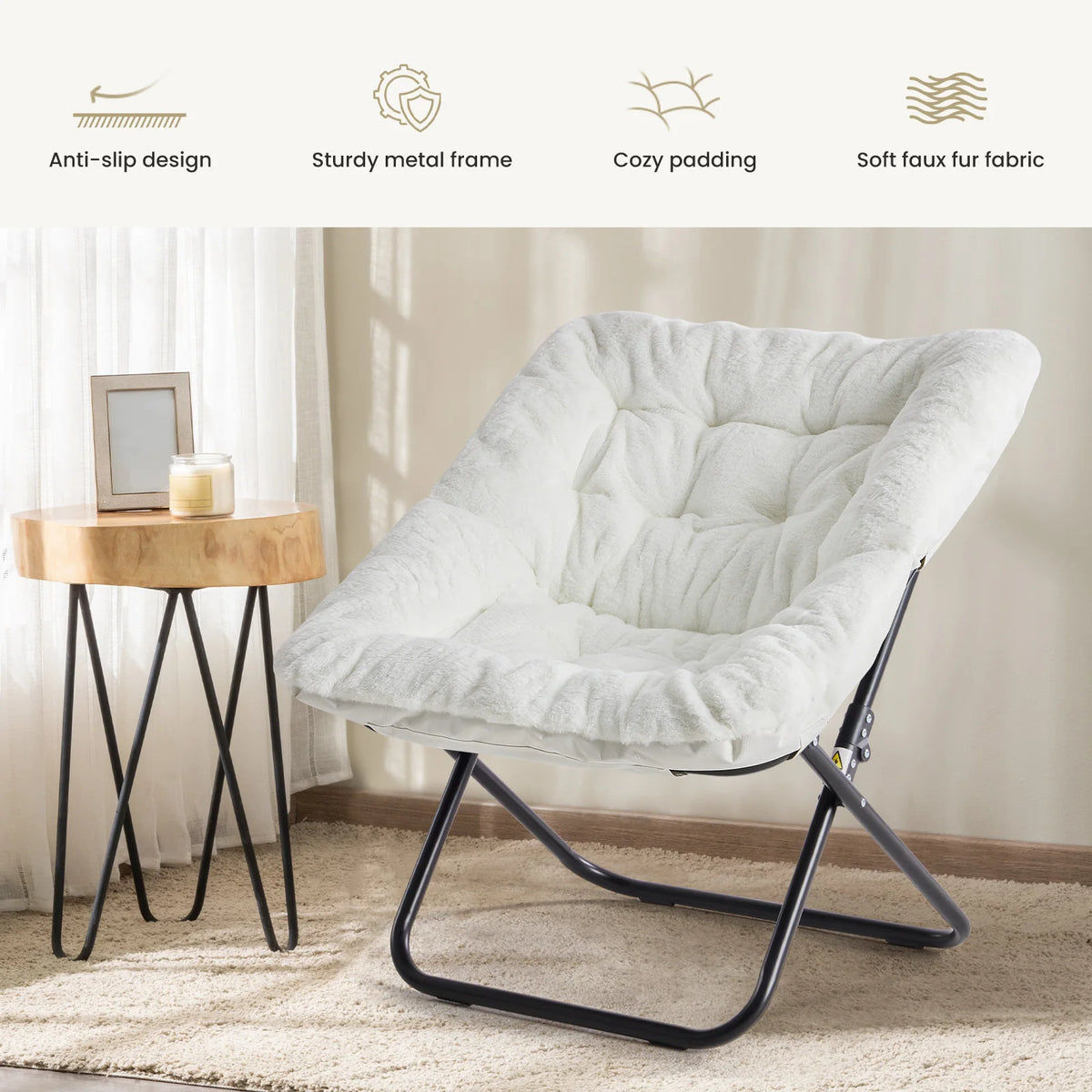 JHK Faux Fur Folding Saucer Lounge Chair With Metal Frame